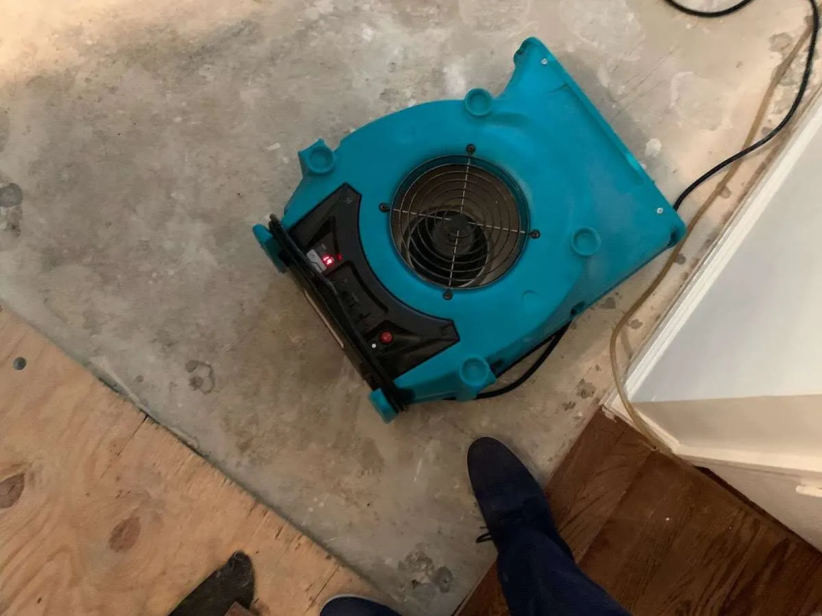 Air mover drying subfloor during Leak Detection & Repair in Clarksburg